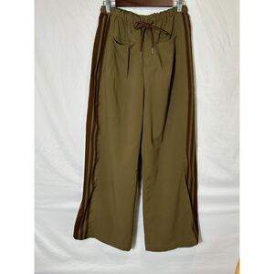 PUWEI Womens Wide Leg Track Pants Size L Olive Green Tan Stripe Drawstring Waist